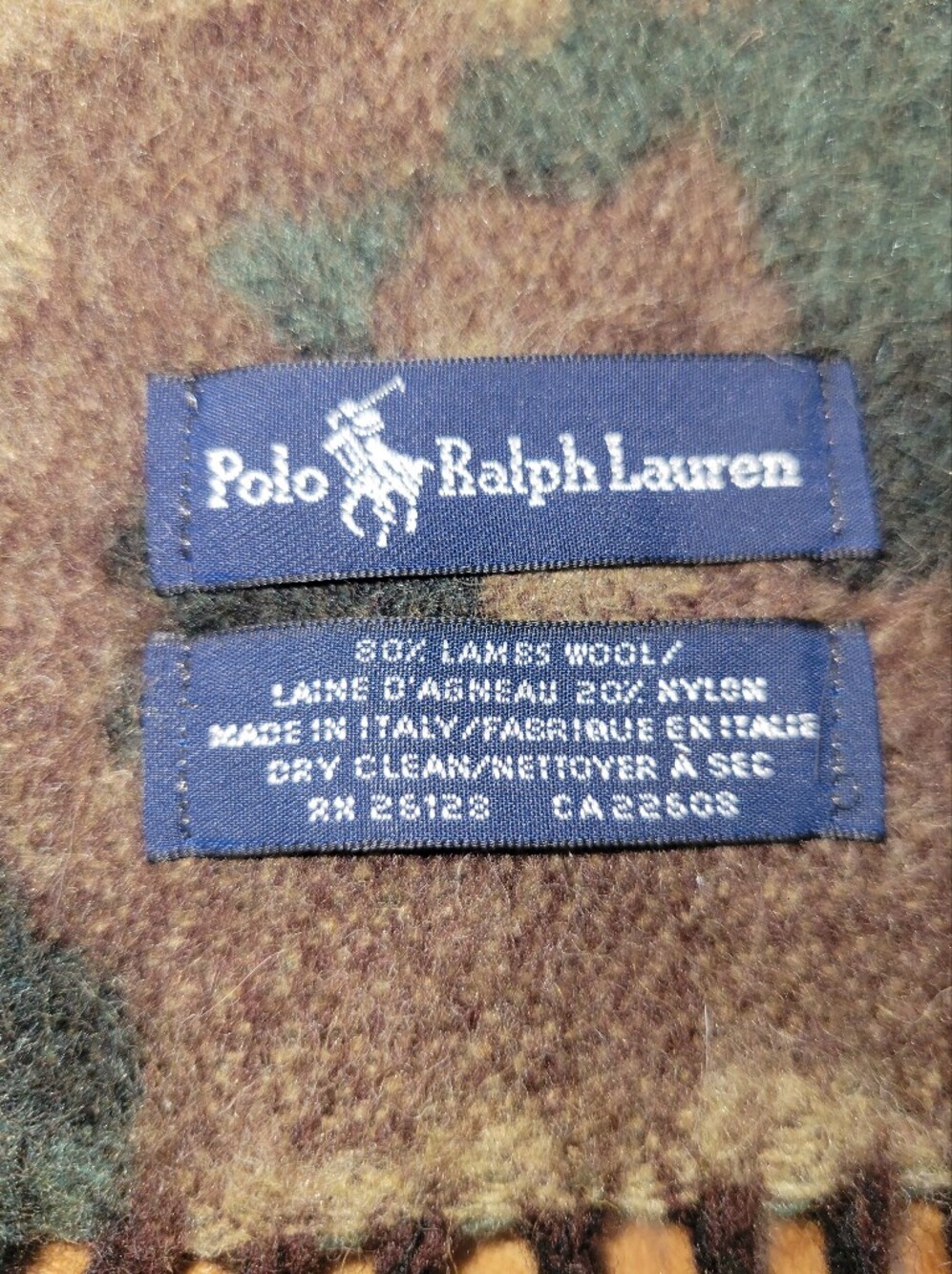 Polo Ralph Lauren Camo Scarf Made in Italy Lambswool Blend Fringed Woodland - Picture 2 of 6
